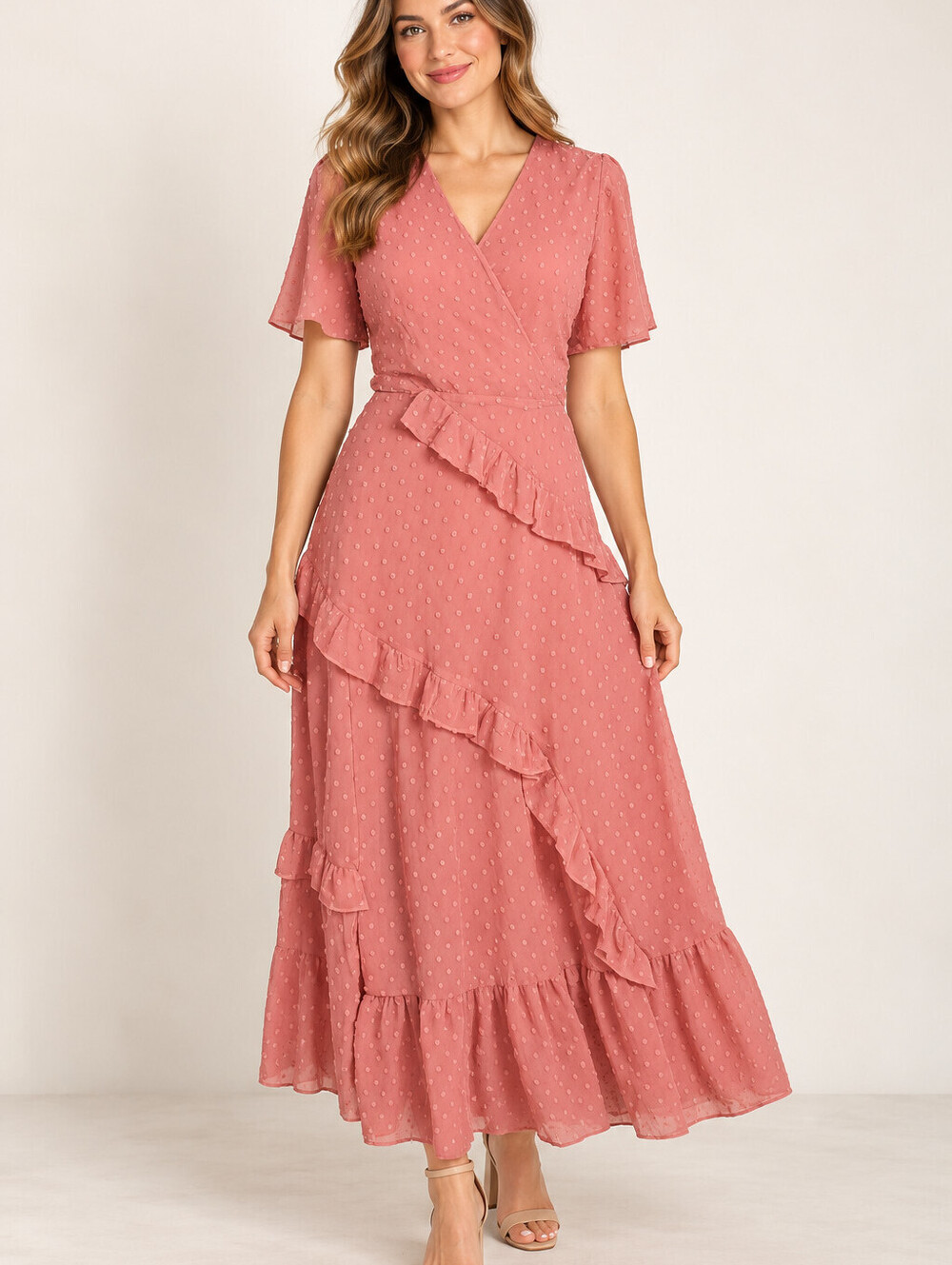 Lulus NWT Large Sweetest Forever Rose Swiss Dot Ruffle Ankle Maxi Dress